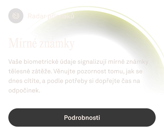 Aplikace Oura zobrazující funkci Radar příznaků