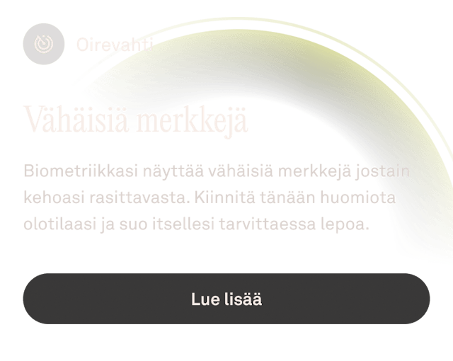 Oura Ring -sovelluksen näkymä Oirevahti-ominaisuudesta