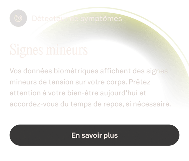 Aperçu de l'interface utilisateur de Détecteur de symptômes dans l'application Oura Ring
