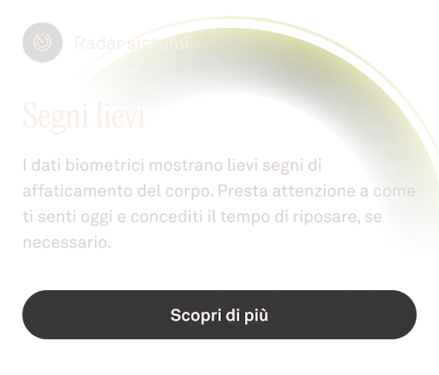 Vista di Oura App con l’interfaccia utente di Radar sintomi