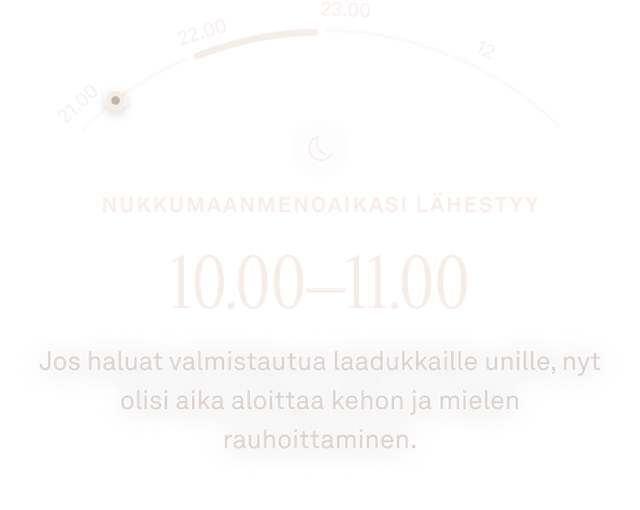 Oura-sovelluksen näkymä lähestyvän nukkumaanmenoajan tiedoista