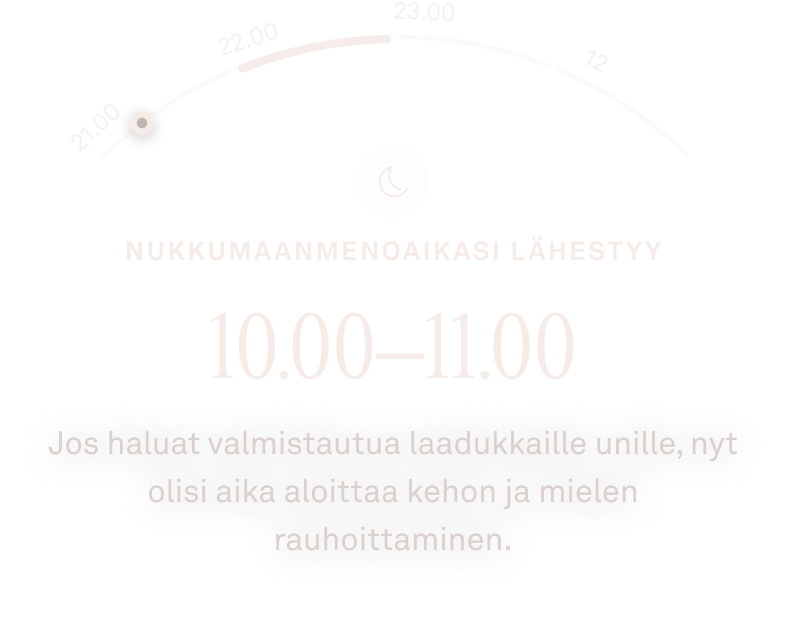 Oura-sovelluksen näkymä lähestyvän nukkumaanmenoajan tiedoista
