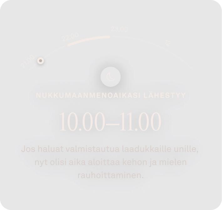 Oura-sovelluksen näkymä lähestyvän nukkumaanmenoajan tiedoista